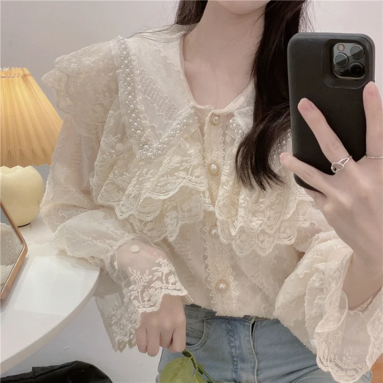 

Spring New Lace Embroidery Peter Pan Collar Blouse Elegant Sweet Ruffles Flare Sleeve Blusas Simple Moda Straight Shirts Tops