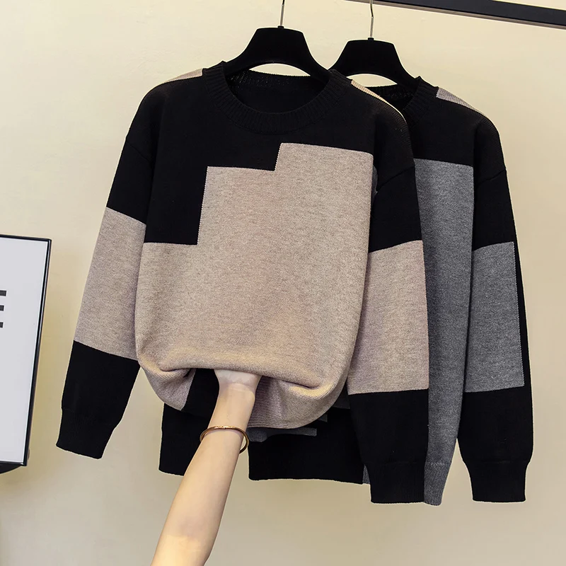 

4XL Large Size Autumn Winter Thick Women Sweater Long Sleeve O Neck Patchwork Loose Kintting Oversized Pullover Jumper