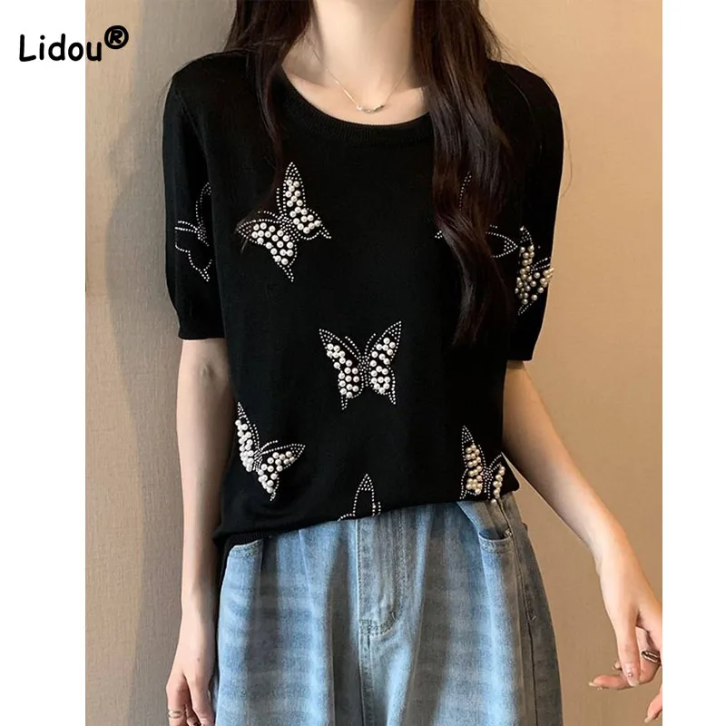 

Loose Fashion Beading Spliced Solid Color T-shirt Female Short Sleeve Korean Round Neck Knitted Thin Tops Summer Womens Clothing