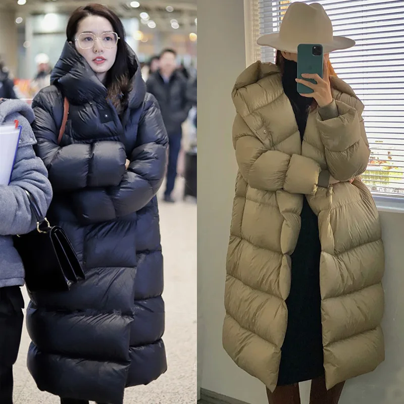 Long Over Knee Down Jacket Women Thick Loose Thin White Duck Down Hoodie Coat Winter Puffer Jacket