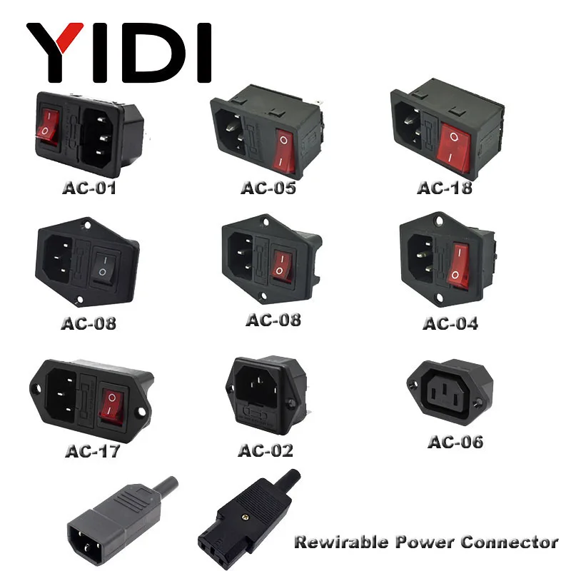 IEC320 C14 Inlet Plug Connector AC Power Socket 250V Red Lamp Rocker Switch 10A Fuse Female Rewirable Power Connector Plug