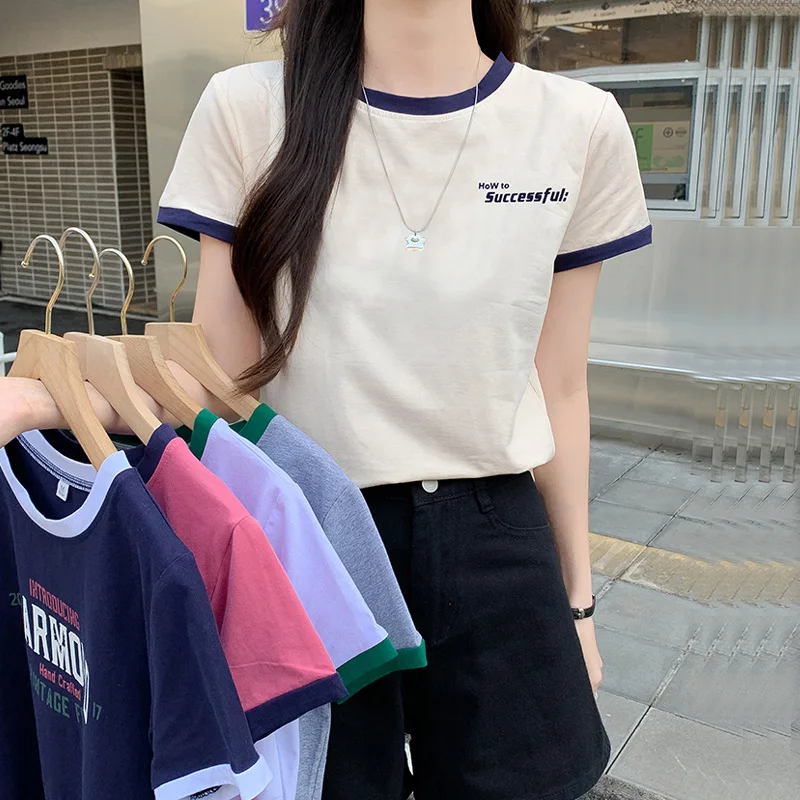 

Summer Korean pure Cotton Tops Female harajuku Loose letter print all-match T-shirts Short-sleeved Spell Color T-shirt for Women