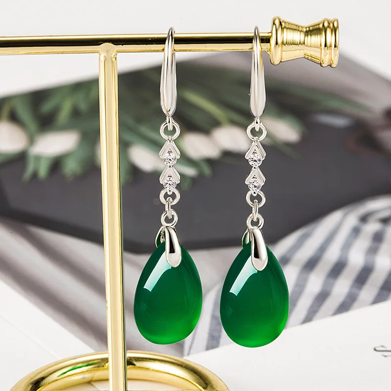 

Green Jade Water Drop Earrings 925 Silver Genuine Chalcedony Chinese Carved Jadeite Fashion Charm Jewelry Amulet Gifts for Men