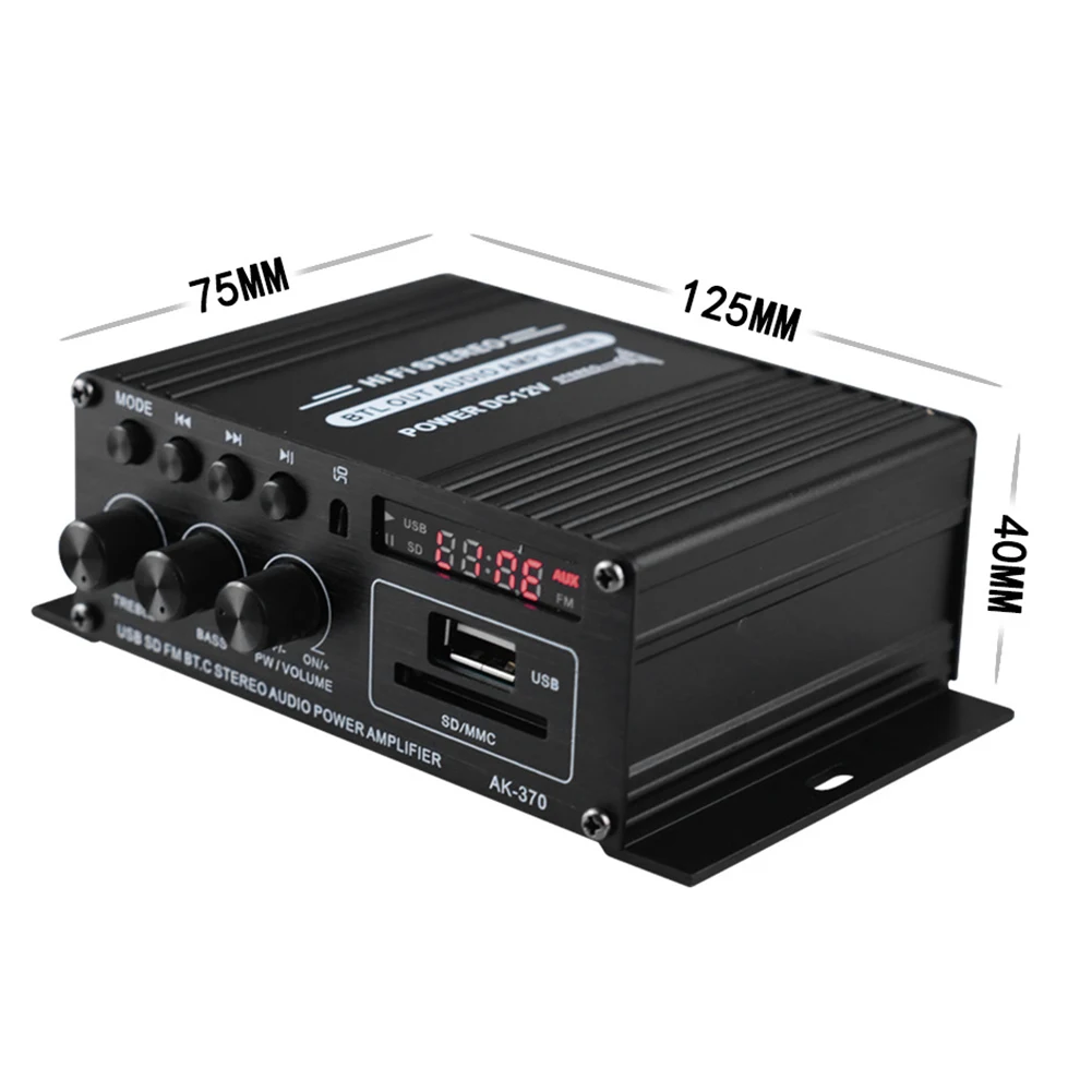 AK-370 Bluetooth-совместимый усилитель мощности 20Вт+20Вт, усилитель мощности DC 12В, автомобильный музыкальный сабвуфер, мини HIFI стереоусилитель с USB OTG входом (art.: 3920da2a2787f) - 3920da2a2787f