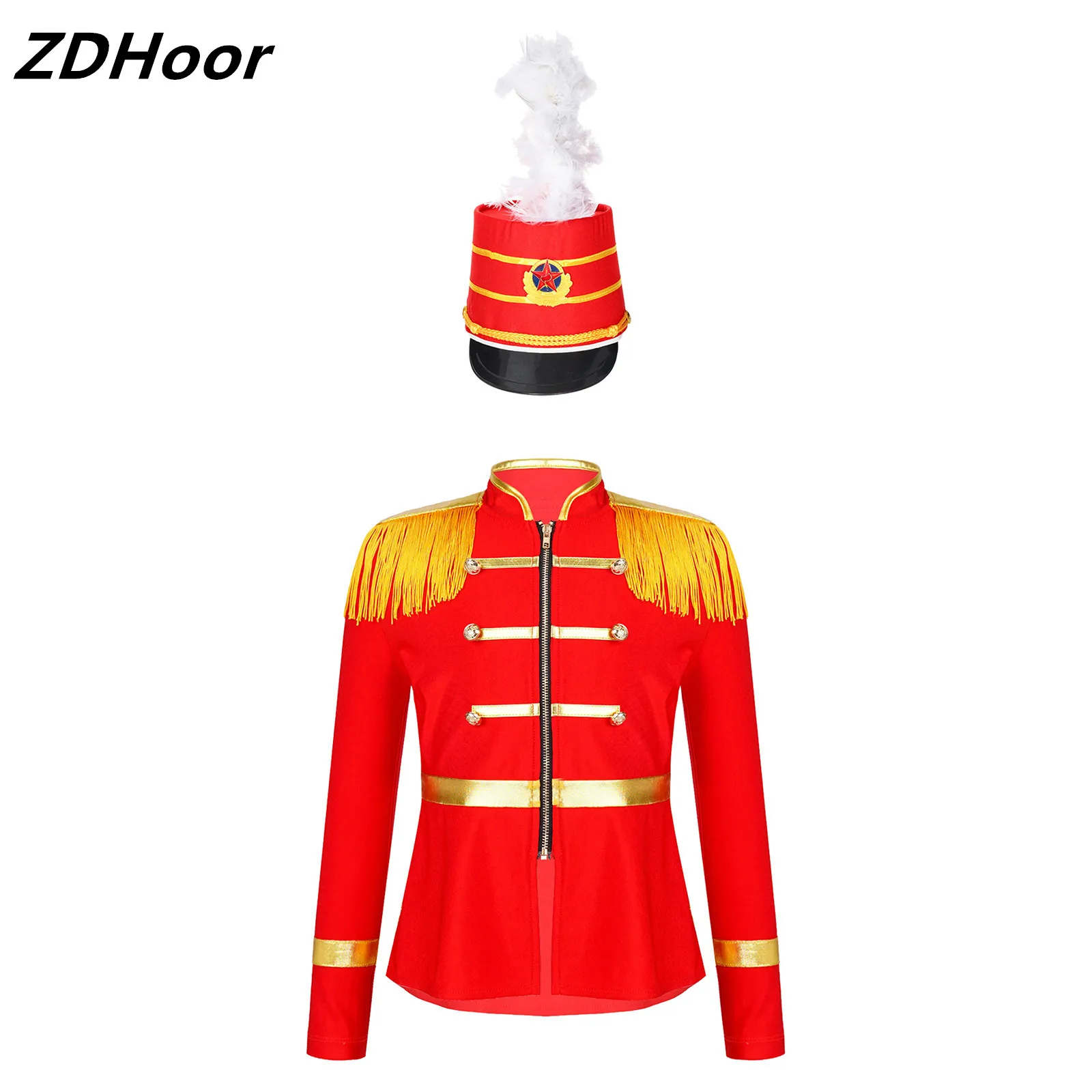 

Kids Girls Circus Ringmaster Performance Costume Long Sleeve Tassels Shoulder Coat with Feathers Decorated Ceremonial Hat Set