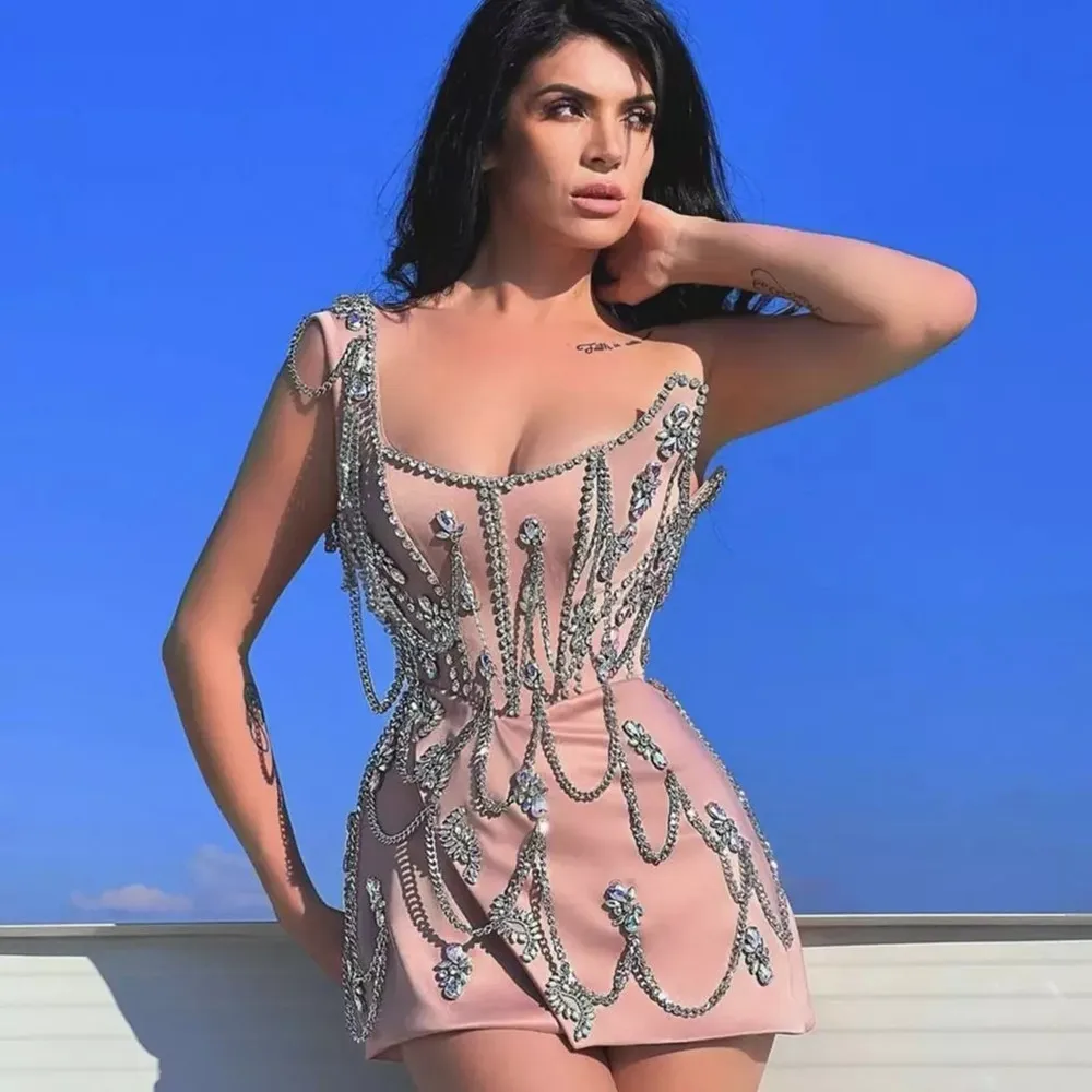 

Sexy Diamond Party Evening Dress Light Pink Celebrity Prom Dresses Mermaid Mini Cocktail Gown Beaded Homecoming Gowns