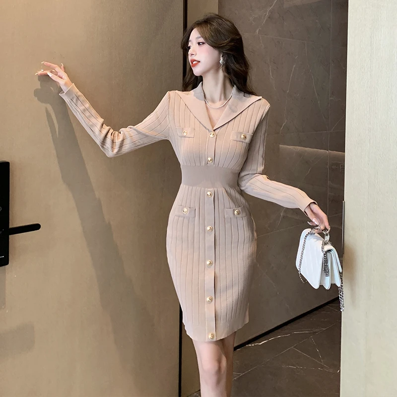 

New Autumn Notched Knit Long Sleeve Mini Dress Fashion Button Sheath Thin Bodycon Sweater Dresses For Women Above Knee