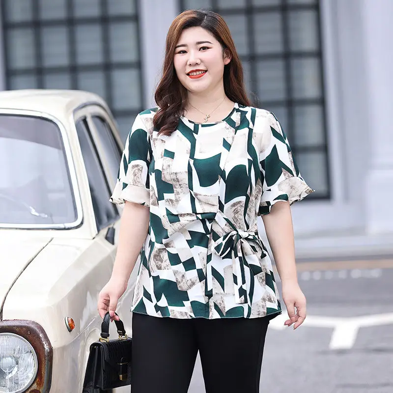 

Fashion Blouse Pullover Ladies Chiffon Blouses Plus Size Vintage Print Casual Short Sleeve Women Tops Summer XL-6XL J394