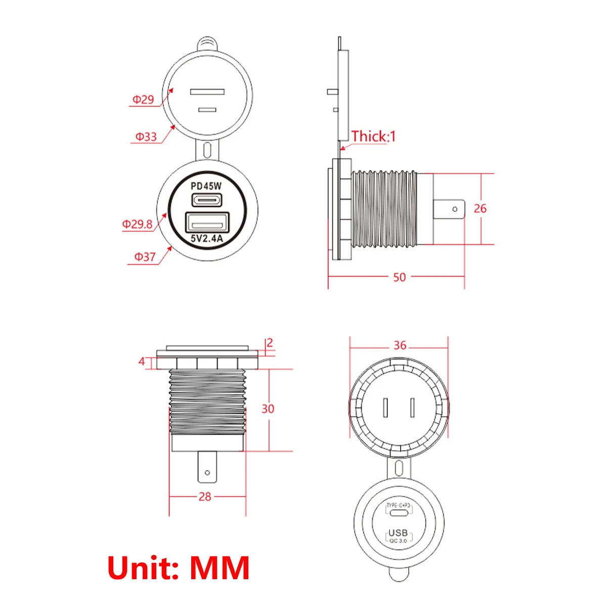 Двойной USB 12 В-24 В автомобильное зарядное устройство PD45W + QC3.0 2 4 А адаптер питания