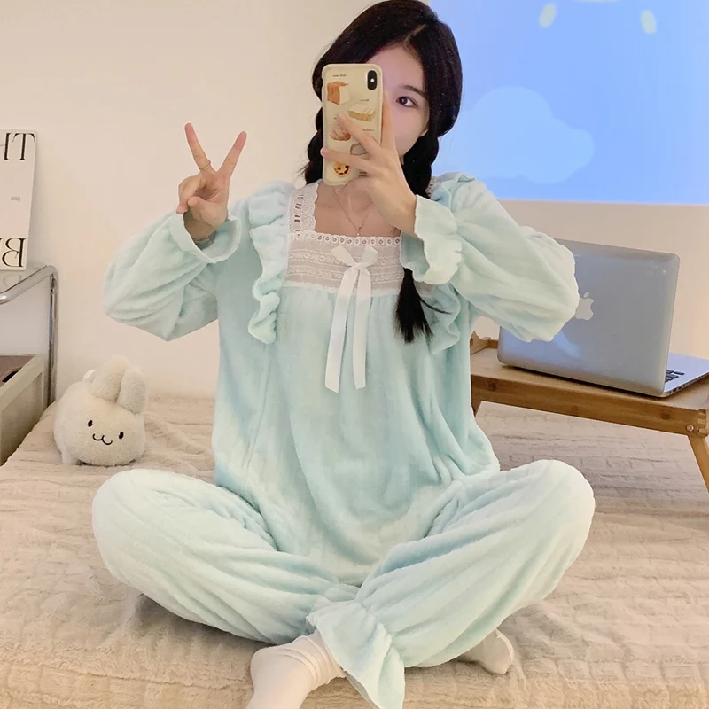 Фланелевый зимний пижамный комплект для женщин пижама с длинным рукавом ночная