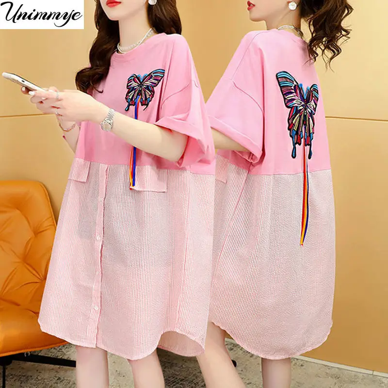 Summer Casual Korean Fashion Short-Sleeved T-shirt Dress  Vintage Cotton Loose Midi Dresses  Vestidos J301