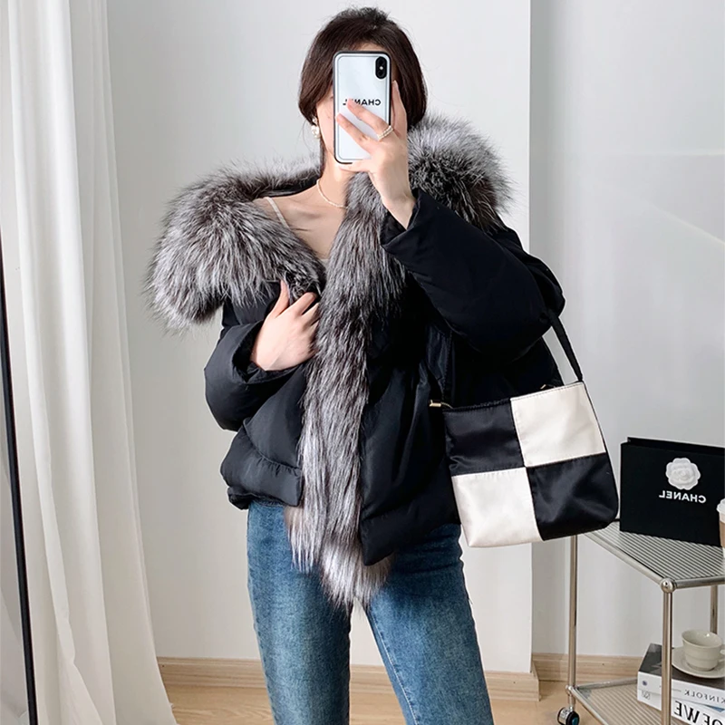 

White Goose Down Jacket Female 2023 Winter Silver Fox Fur Collar Short Parker Collar Detachable Thick Warm Real Fur Jacket Women