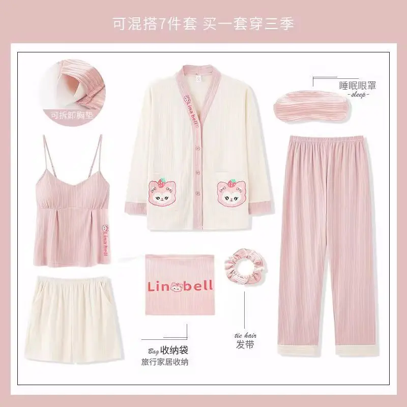 Pyjama 7 Pieces Women Spring Autumn Sleepwear Cotton Wear Home Clothes Sweet Casual Pajama Japan Cartoon Anime Print Mujer Lady