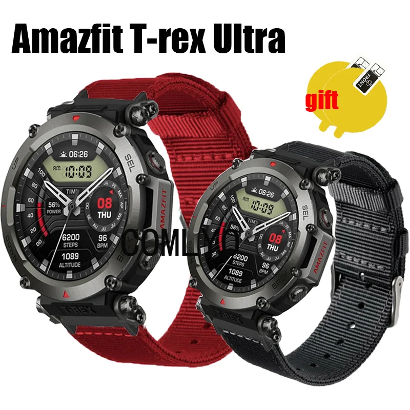 

3in1 Wristband for Amazfit T-rex Ultra Strap Smart watch Band Nylon Canva Belt Screen Protector