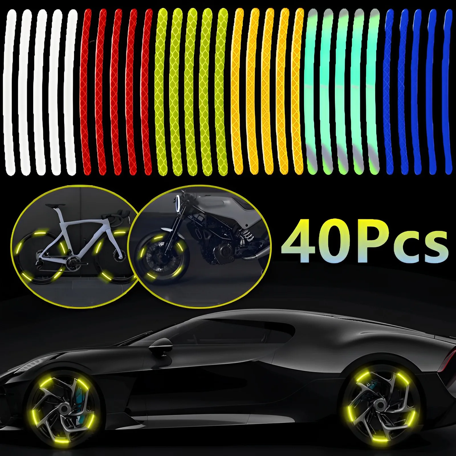 

40Pcs Car Stickers Wheel Hub Reflective Strips Tape Motorcycle Bicycle Tire Sticker Roadway Driving Safety Strip Car Accessories