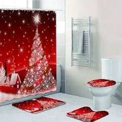 

New Year's Santa Claus Pattern Shower Curtain Four-piece Bathroom Polyester Waterproof Partition Curtain with Hook Christmas