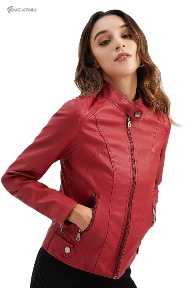 Enlarge Women's leather jacket thin spring and autumn overcoat women's motorcycle clothes large size vertical collar leather jacket