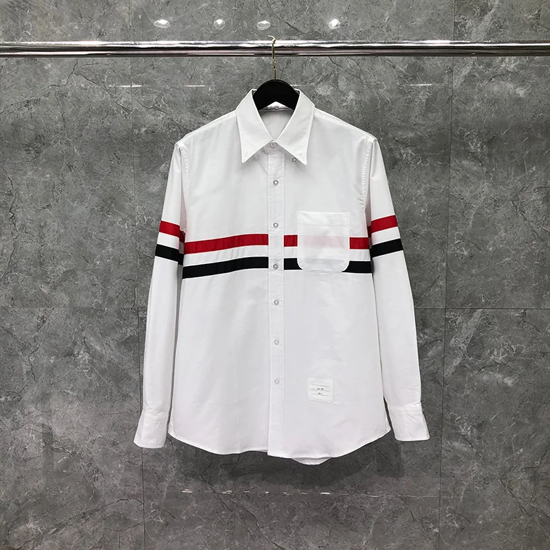 

THOM Spring Autunm Fashion Brand Men's Transversed Chest RWB Stripe Casual Cotton Oxford Slim Wholesale TB Shirt