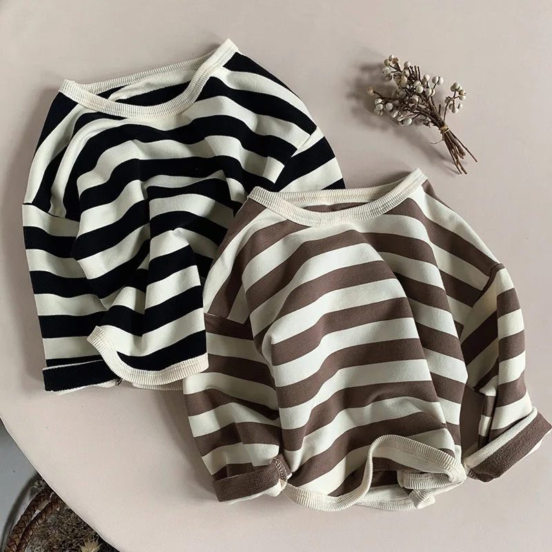 

2023 New Children Casual T Shirt Loose Kids Striped T Shirts Cotton Tee Boys Girls Long Sleeve Pullover Tops Baby Clothes 1-6Yrs