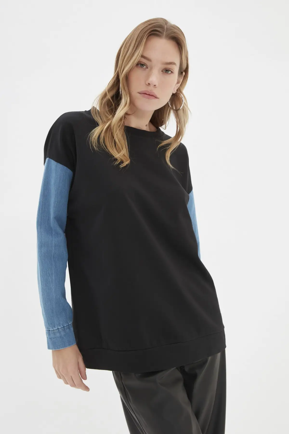 

Women's Sweatshirt Black Sleeves Denim Detailed Basic Thin Knitted Hoodies Fashion All Season New Pullovers Fleece Fleece