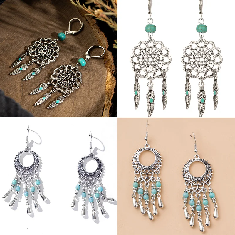 

Boho Ethnic Hollow Carved Tassel Earrings For Women Blue Stone Feather Bead Drop Earrings Classic Vintage Bohemian Jewelry Gift