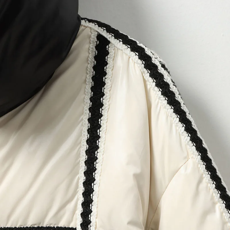 2023 New Winter Puffer Jacket Women High Neck Patchwork Woolen Plaid Knitted Warm Stitching White Duck Down Thermal Bread Coats