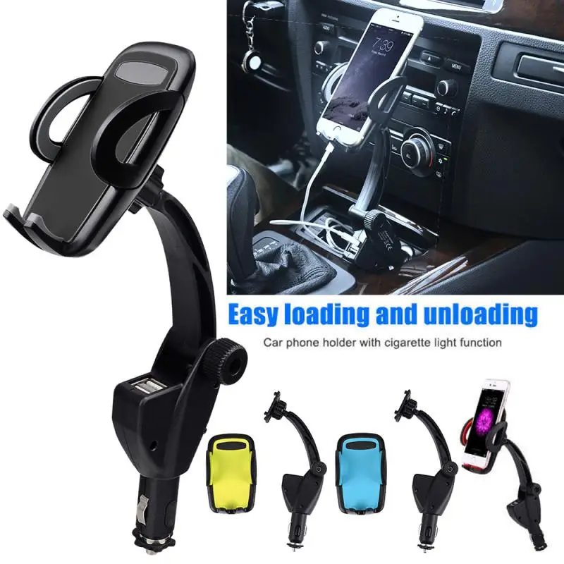 

12v 24v Durable Car Mount Holder Dual Usb Port Car Charger Holder Mount Cigarette Lighter For Cell Phone Iphone Adjustable