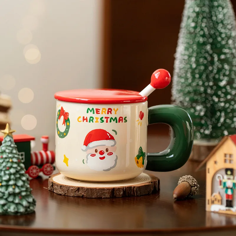 New Christmas Style Mug Ceramic Coffee Milk Cup with Lid Spoon Gift For Family Chinese High Quality Ceramic Materials
