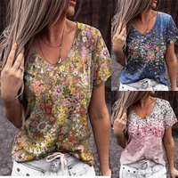 summer casual tee short sleeve women t shirts flower print street tops female v neck loose t shirt 5xl plus size top pullover