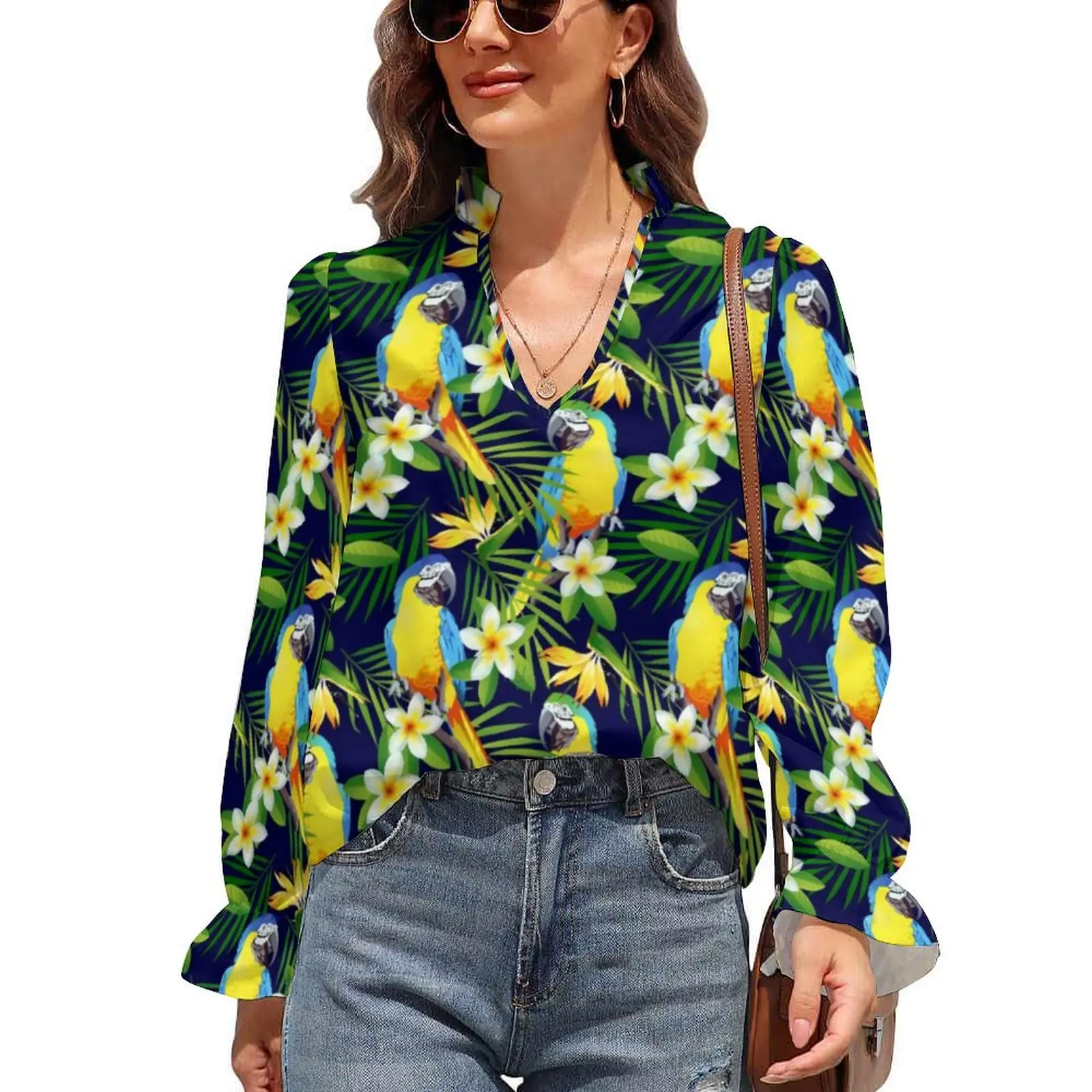 

Parrots And Hibiscus Chiffon Blouse V Neck Tropical Birds Print Office Blouses Summe Street Style Shirt Women Graphic Top Gift
