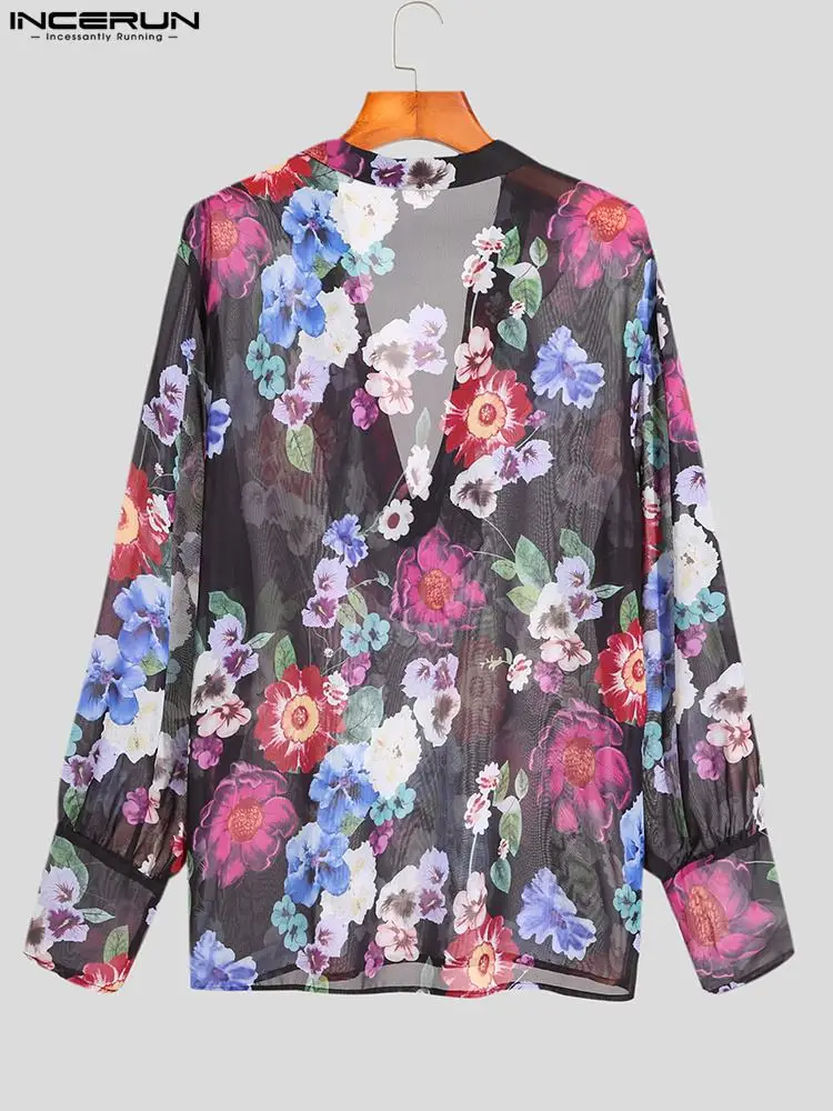 INCERUN Tops 2022 American Style Men Mesh Print Ruffled Stitching Blouse Fashion Male See-through Long-sleeved Thin Shirts S-5XL