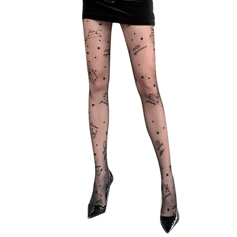 

Black Mesh Sexy Woman Tights Long Stocking Constellation Printed Pantyhose Fashion Gothic Tights With Flower Tattoo City Pattern