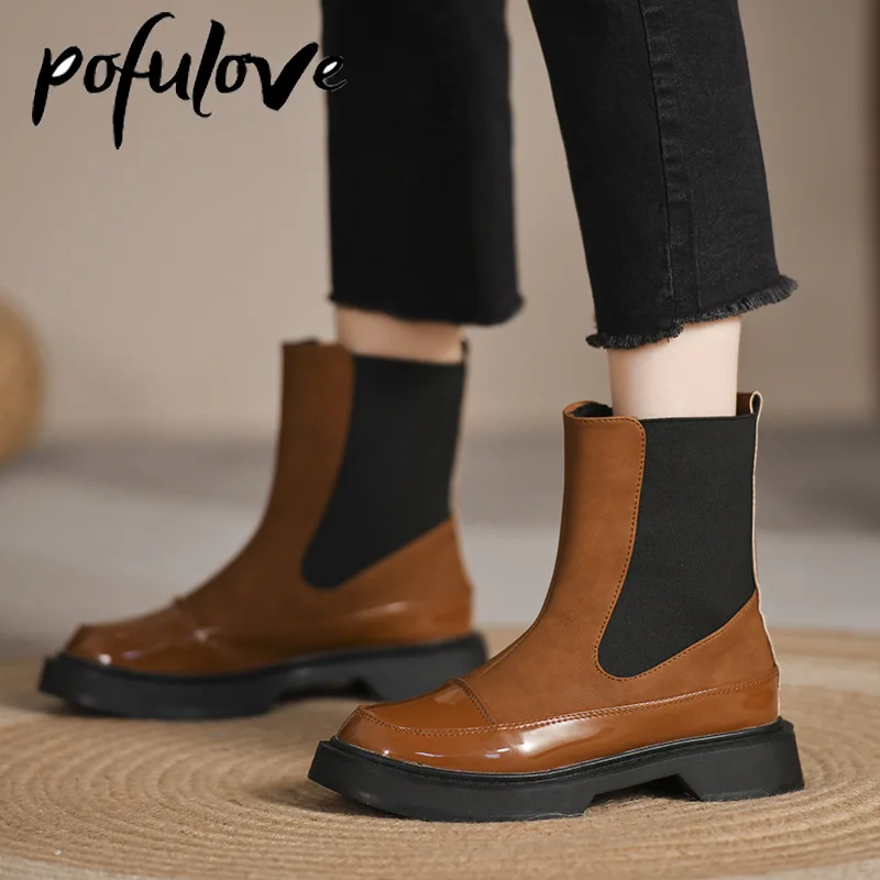 

Pofulove Chelsea Boots for Women Winter Shoes Black Ankle Booties Leather Platform Shoes Flats Fashion Designer Botas Retro