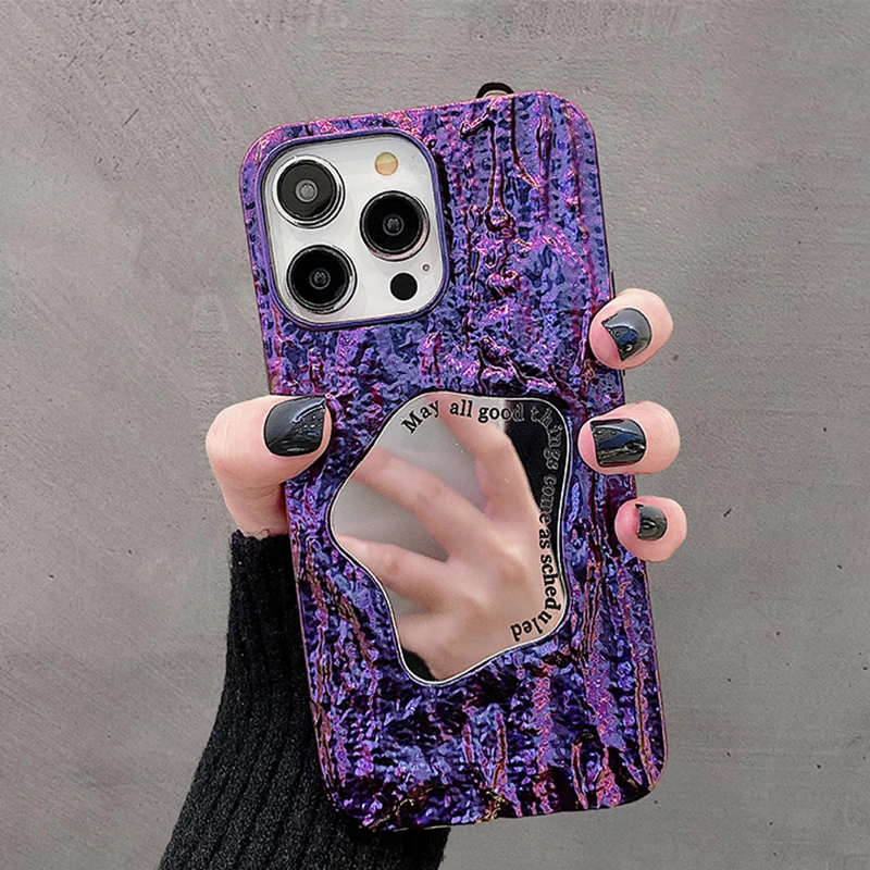 

Fashion Plating Purple Rock Makeup Mirror Case For iPhone 14 Pro Max 13 12 11 Soft Shockproof Back Cover Shell