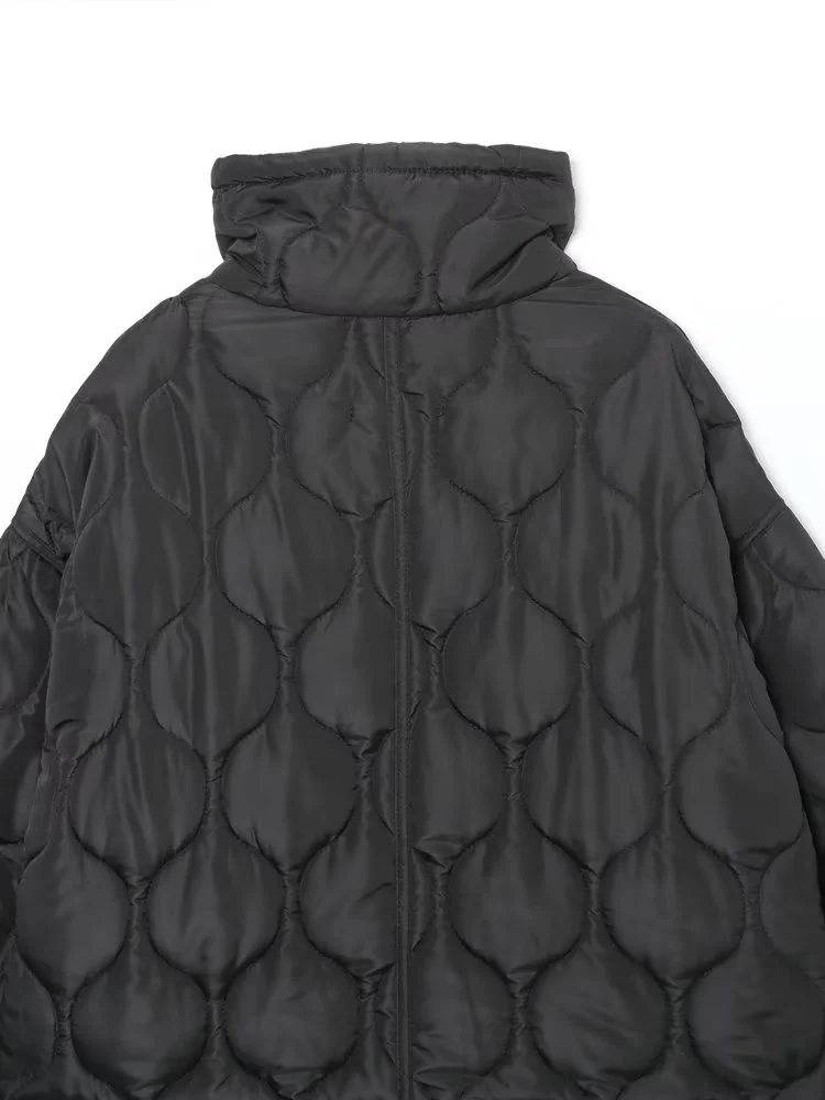 KEYANKETIAN Women's Short Black Cotton Jacket new Fall/winter wavy quilted trim retro style stand collar loose lightweight coat