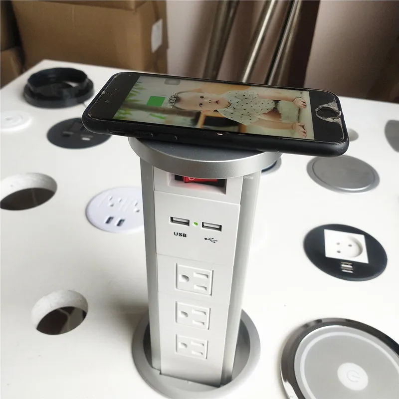 

Automatic Pop Up Socket kitchen counter top Recessed Pop Up US Power Outlet with fast Wireless Charger for home office use