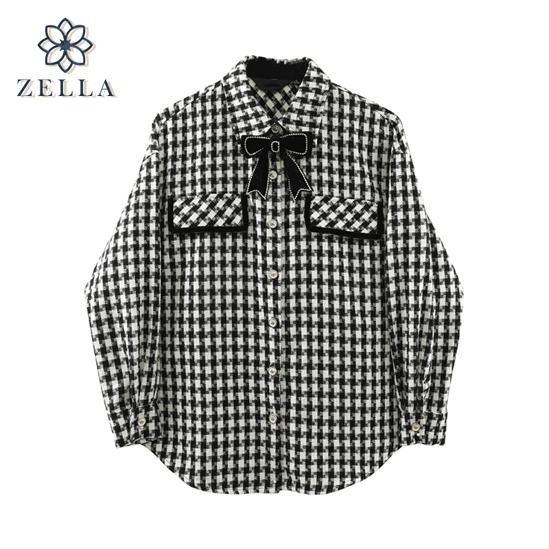 

Women Vintage Plaid Shirts Long Sleeve Single Breasted Loose Office Ladies Female Elegant Fashion All-match Bow Blouses Chic Top