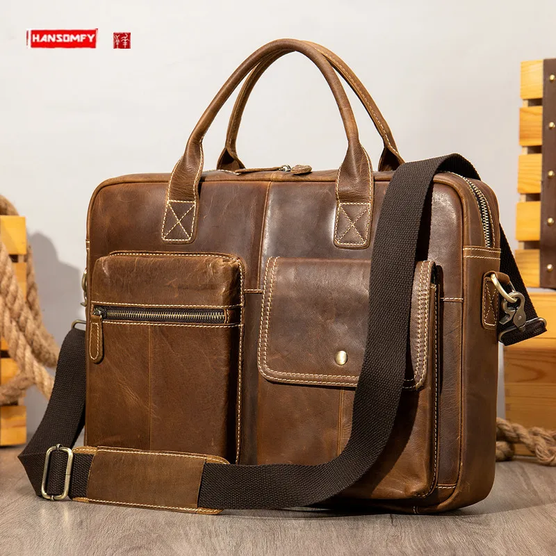 Crazy Horse Leather Briefcase Genuine Leather Men's Laptop Bag Men First Layer Cowhide Crossbody Handbags Portable Shoulder Bags