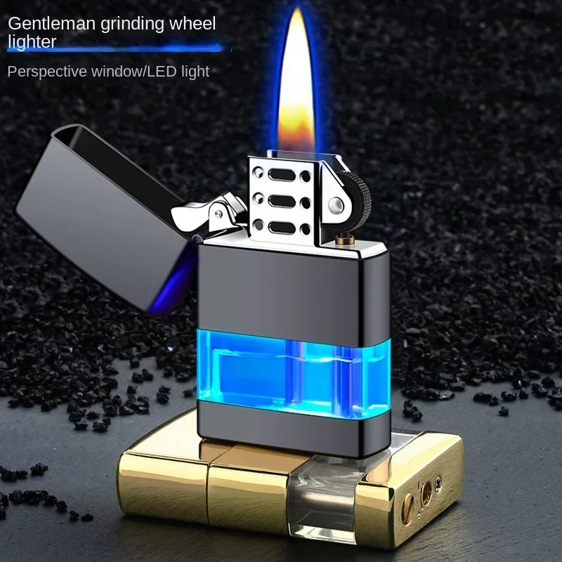 

Blue Light Metal Grinding Wheel, Open Flame Lighter, Retro Windproof, Perspective Window, Creative Gift Machine, Smoking Tool