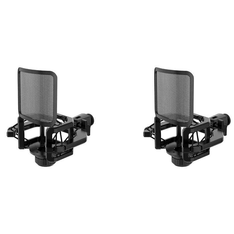 

2X Microphone Shock Mount With Microphone Filter Windscreen Reduce Noise Anti Vibration Screen Stable Easy Install,Black