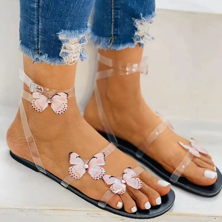 

2022 New Women Flat Shoes Summer Bow-knot Sandal Transparent Sandalias White Female Beach Shoes Buckle Leisure Large Size 35~43