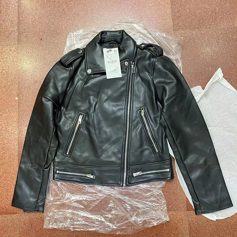 Autumn and Winter New Women's Fashion Slim Trend Inclined Zipper Trim Motorcycle Leather Jacket Short Coat Women