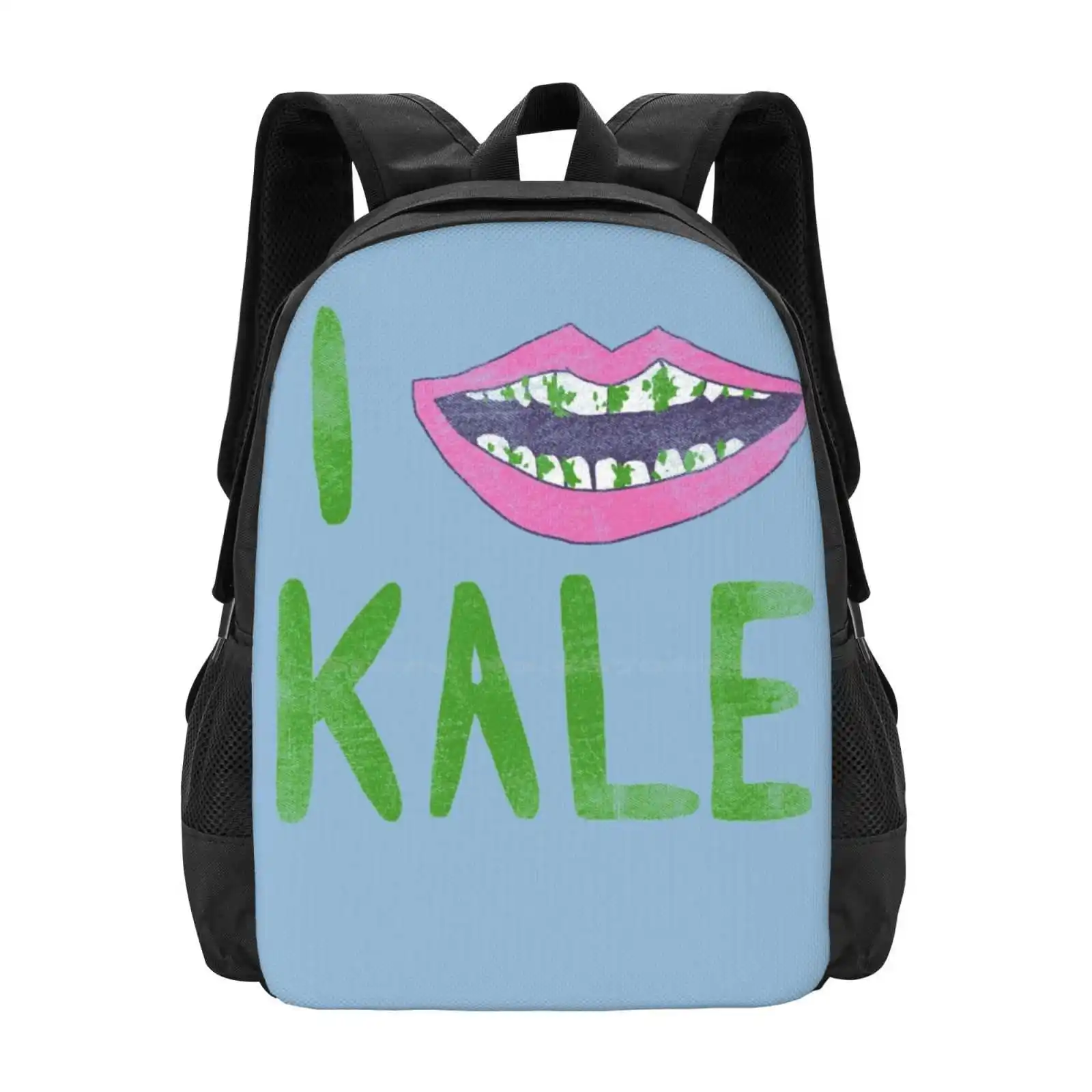 I Heart Kale Teen College Student Backpack Pattern Design Bags Kale Food Teeth Stuck Love Eat Green Leafy Leaves Healthy