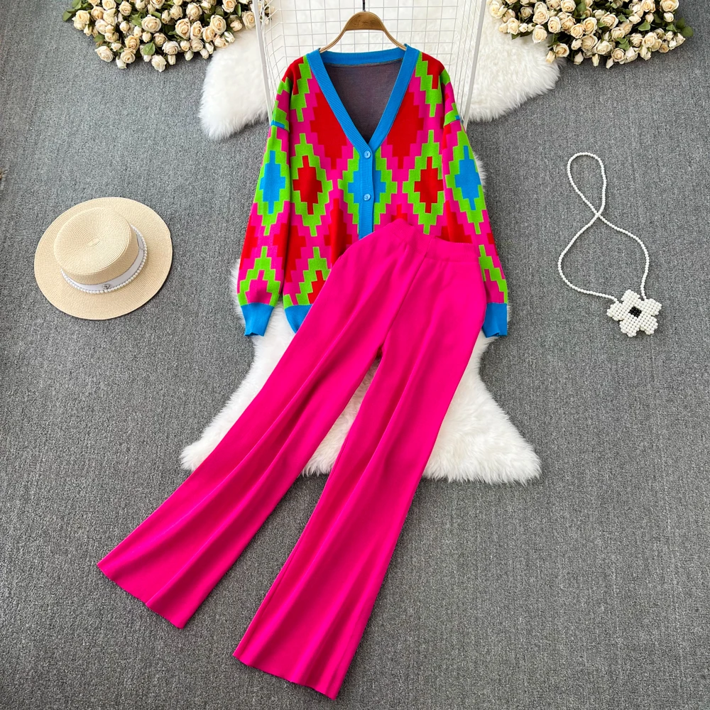 

Fashion suit women's casual V-neck contrasting color knitted cardigan jacket two-piece set high-waisted drape pants floor-length