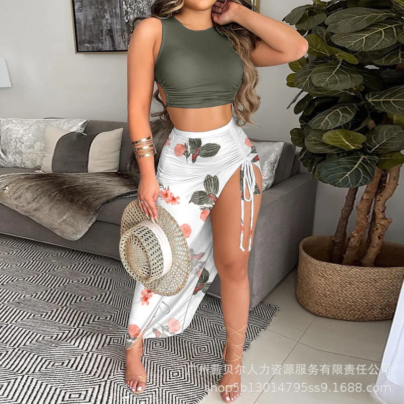 

2023 New Printed Tank Top Split Skirt Two Piece Set Women 2pcs Sets Womens Outifits