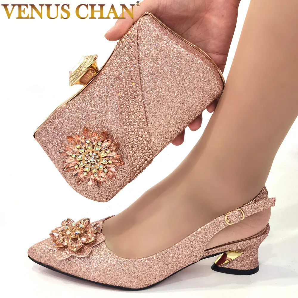 

Venus Chan 2022 Champagne Colors Party Shoes and Bags Set African Women's Pointed Rhinestone High Heel Wedding Shoes