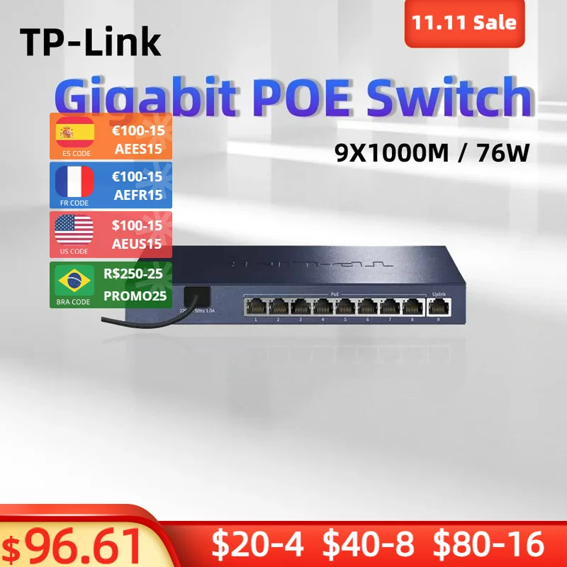 

TP-LINK TL-SG1009PH 9-port Full Gigabit RJ45 Ethernet PoE Switch 8 POE Monitoring Cabling AP Network Hubs Plug and Play