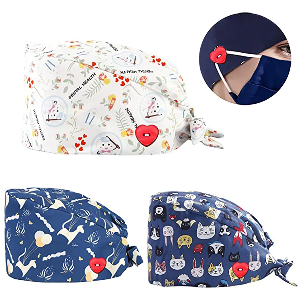 

3PCS Fashion Printed Button Work Hat Casual Unisex Scrub Cap Monkey Baseball Cap Plaid Baseball Cap