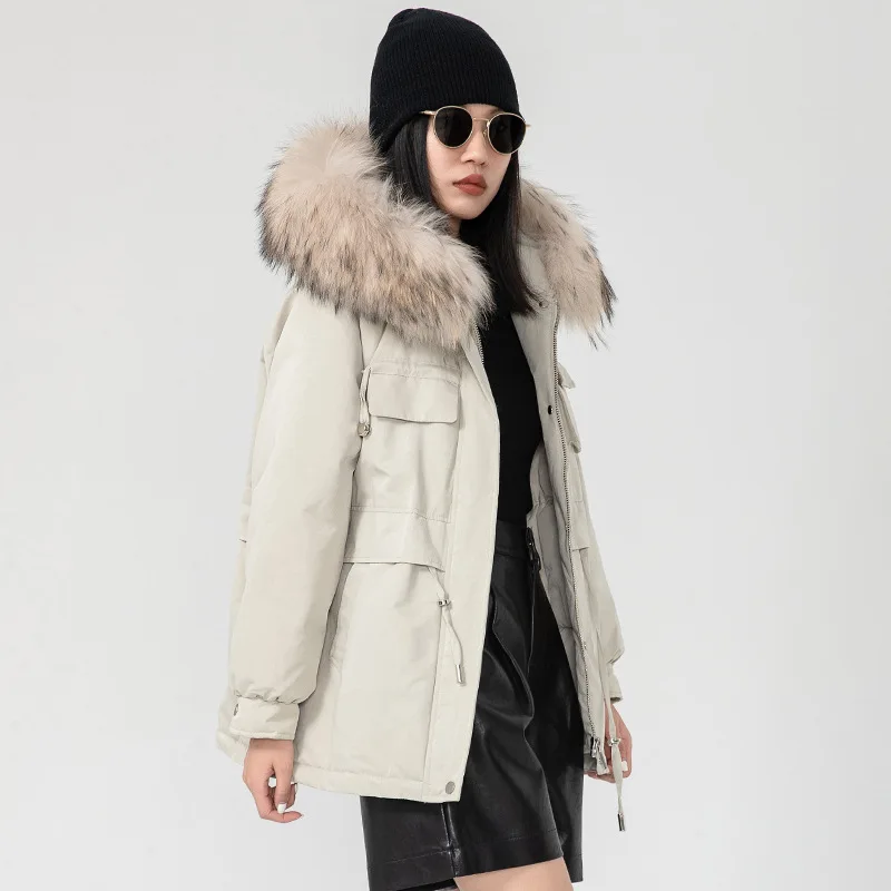 

Down Jacket Female Winter Raccoon Fur Collar White Eiderdown Hooded Medium Length Down Jacket Coat Non-Removable