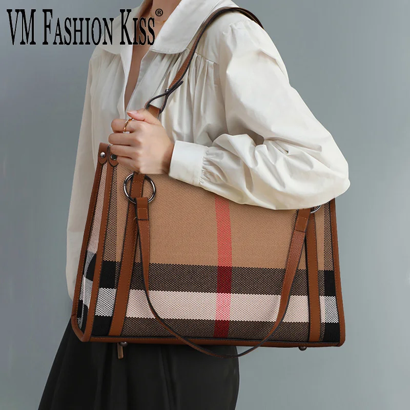 

VM FASHION KISS Canvas + воловья кожа 2022 Европейская и американская мода тренд женская сумка большая емкость Повседневная полосатая сумка через плечо